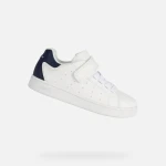 Geox Eclyper Boy Junior Sneakers White Navy Blue Low Cut Tennis Court Style Sporty Casual Everyday Shoes with Elastic Laces and Riptape Closure Size 28 - Geox