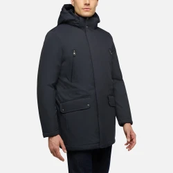 Geox Vincit Man Navy Longline Hooded Jacket for Men 58 Size Recycled Twill Windproof Water Repellent Winter Outerwear with Urban Style for Work and Everyday Wear