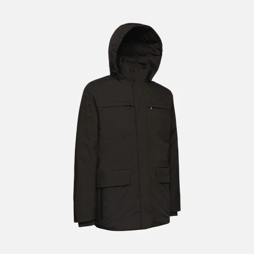 جاكيت رجالي من جيوكس سفيريكا أسود: قماش معاد تدويره، مقاوم للماء، مقاوم للرياح، متوسط الطول، مسامي، تنظيم الحرارة، أناقة حضرية، متوفرة بمقاسات مختلفة، توصيل سريع، سهولة الاستبدال - Image 3