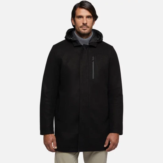 Geox Monreale Man's Longline Coat Black with Removable Hood in Soft Hi Tech Velour Fabric 58. Versatile Everyday Outerwear Padded for Autumnal Temperatures. M3615A.T3028.F9000 - Geox - Image 3