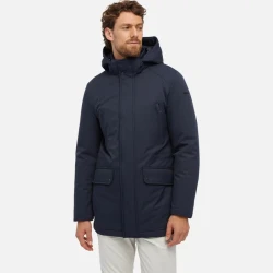 Geox Vincit Man Longline Jacket Sky Captain 58 Recycled Polyester Twill Men's Outerwear Removable Hood Water Repellent Windproof Sustainable Padding Autumnal Temperatures 180 chars