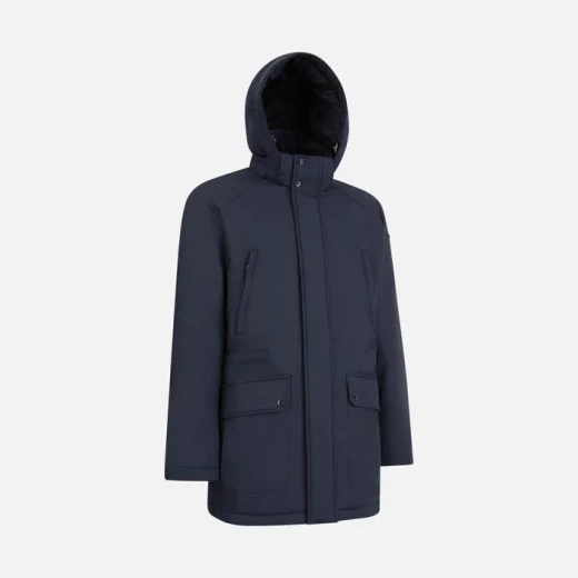 Geox Vincit Man Longline Jacket Sky Captain 58 Recycled Polyester Twill Men's Outerwear Removable Hood Water Repellent Windproof Sustainable Padding Autumnal Temperatures 180 chars - Geox - Image 7