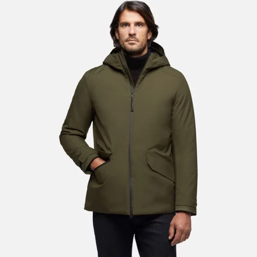 Geox Clintford ABX Men's 3/4 Length Olive Green Hooded Parka Jacket Water Repellent Windblocking Recycled Polyester Sustainable Design Size 54