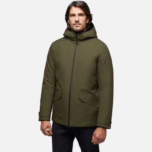 Geox Clintford ABX Men's 3/4 Length Olive Green Hooded Parka Jacket Recycled Polyester Waterproof Windblocking Breathable Environmentally Friendly Fill City Wearable 60 Size - Clintford - Image 3