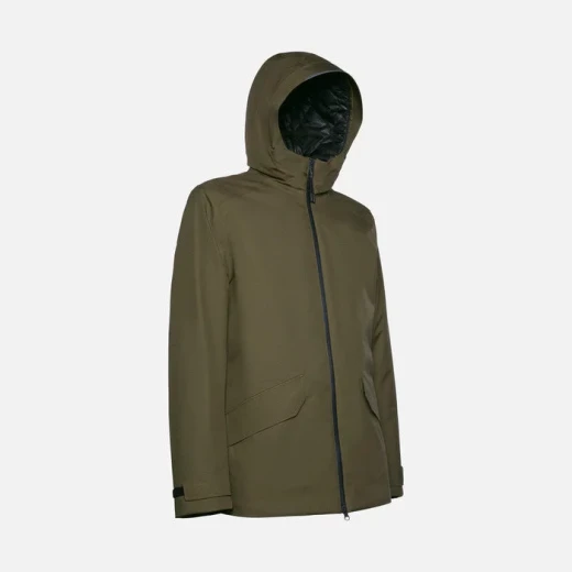 Geox Clintford ABX Men's 3/4 Length Olive Green Hooded Parka Jacket Water Repellent Windblocking Recycled Polyester Sustainable Design Size 54 - Geox - Image 7