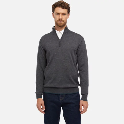 Men's Classic Knit Sweater with High Neck and Half Zip Closure XXL Melange Grey Merino Wool Blend Versatile Layering Option Men's Classic Knit Sweater with High Neck and Half Zip Closure XXL Melange Grey Merino Wool Blend Versatile Layering Option