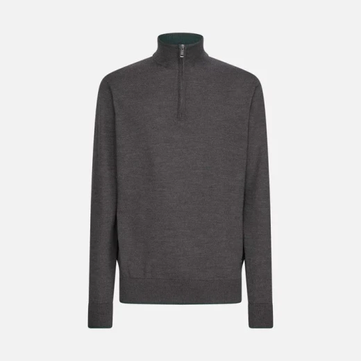 Men's Classic Knit Sweater with High Neck and Half Zip Closure XXL Melange Grey Merino Wool Blend Versatile Layering Option - Some brand - Image 3