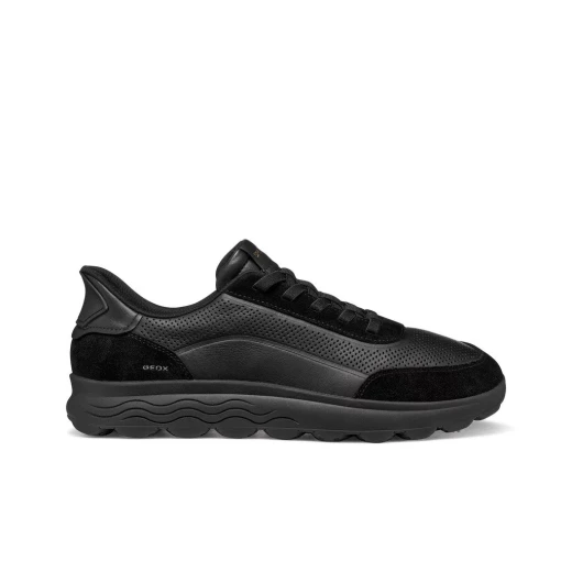 Geox Spherica Plus Men's Sneaker Black Nappa Leather Suede Breathable Comfort Ultra Cushioned Slip On Casual Shoe Size 46. Hand Free Fit Modern Design.