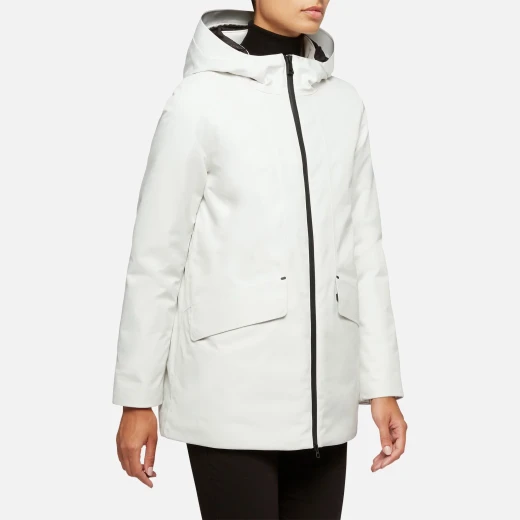 Geox Gendry ABX Woman's Waterproof 3/4 Length Jacket White 44 Recycled Polyester Urban Style Rain and Wind Protection Feminine Hood Fast Delivery Geox Gendry ABX Woman's Waterproof 3/4 Length Jacket White 44 Recycled Polyester Urban Style Rain and Wind Protection Feminine Hood Fast Delivery