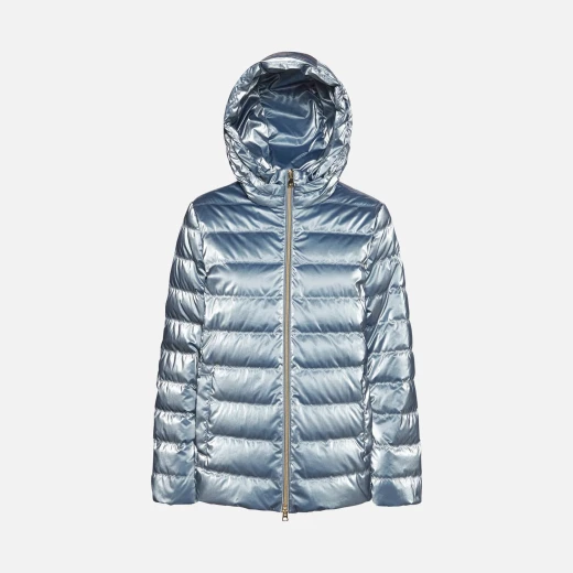 Geox Myluse Woman's Platinum Puffer Jacket Size 38 Windproof Hooded Short Design Creased High Shine Nylon Premium Padding Winter Outerwear for Women - Geox - Image 3