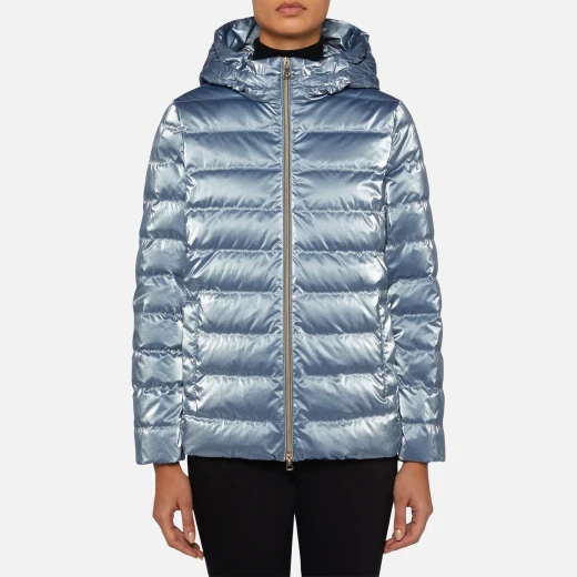 Geox Myluse Woman's Platinum Puffer Jacket Size 38 Windproof Hooded Short Design Creased High Shine Nylon Premium Padding Winter Outerwear for Women - Geox - Image 4
