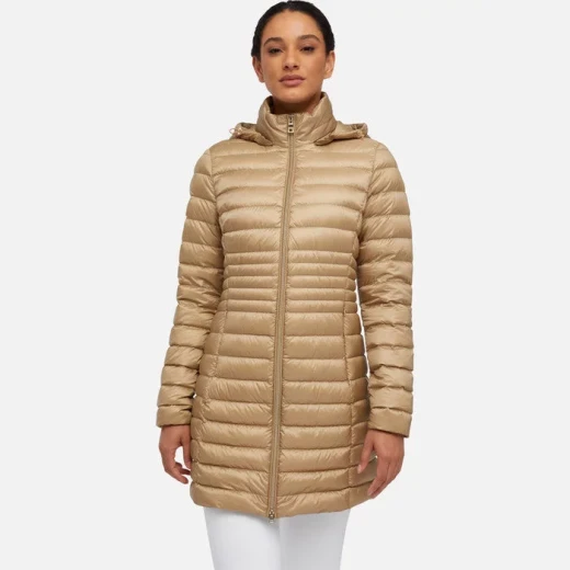 JAYSEN Woman Longline Puffer Jacket Travertine Beige Removable Hood JAYSEN Woman Longline Puffer Jacket Travertine Beige Removable Hood