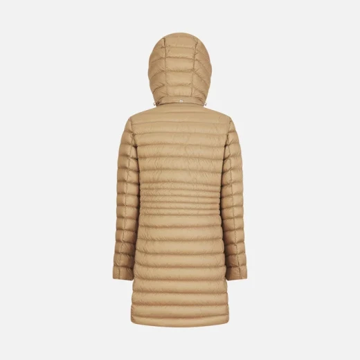 JAYSEN Woman's Longline Puffer Jacket Travertine Beige with Removable Hood Flared Cut for Women's Sizes. Shiny Nylon Fabric Warm Winter Outerwear with Urban Style 38 - Geox - Image 4