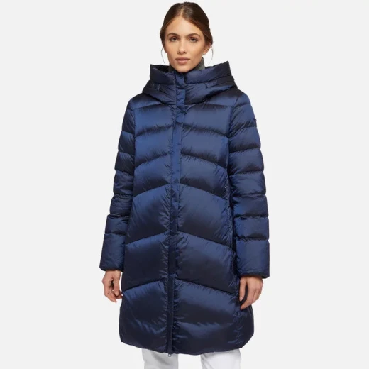 Geox Adrya Woman's Longline Puffer Jacket Dark Blue Hi Shine Nylon Flared Silhouette Hooded Size 38 Winter Parka - Geox - Image 3