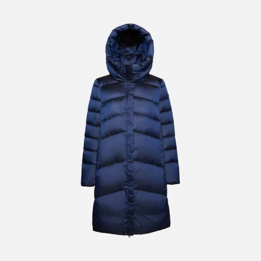 Geox Adrya Woman's Longline Puffer Jacket Dark Blue Hi Shine Nylon Flared Silhouette Hooded Size 38 Winter Parka - Geox - Image 5