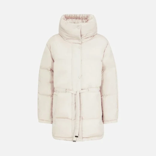 Geox Skyely Woman Oversized Puffy Jacket Milk White 50 Mid Length with Waistbelt Sustainable Padding Soft Hood Metallic Nylon Fast Delivery Easy Exchange at Stores - Image 3
