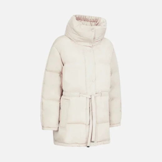 Geox Skyely Woman Oversized Puffy Jacket Milk White 50 Mid Length with Waistbelt Sustainable Padding Soft Hood Metallic Nylon Fast Delivery Easy Exchange at Stores - Image 6