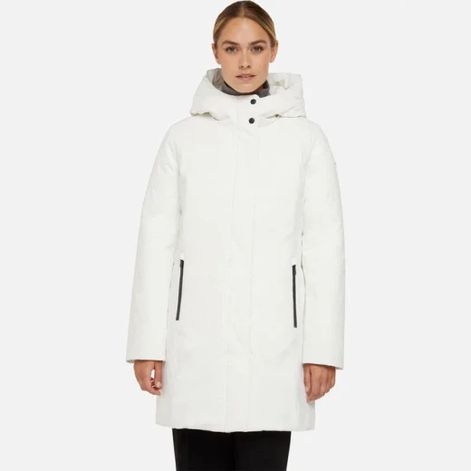 Geox Spherica Woman's 3/4 Length Parka Jacket Milk White Recycled Polyester Water Repellent Windblocking Hooded Sustainable Padding 44 Ideal for Everyday City Lifestyle - Geox - Image 2