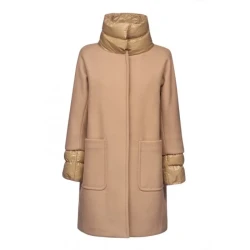 Diamanta Woman's Beige Long Wool Coat with Shiny Nylon Details Size 44 for Urban Winter Wear Recycled EcologicWARM Wadding Modern Design ITEMCODE W4615D.T3116.F5260