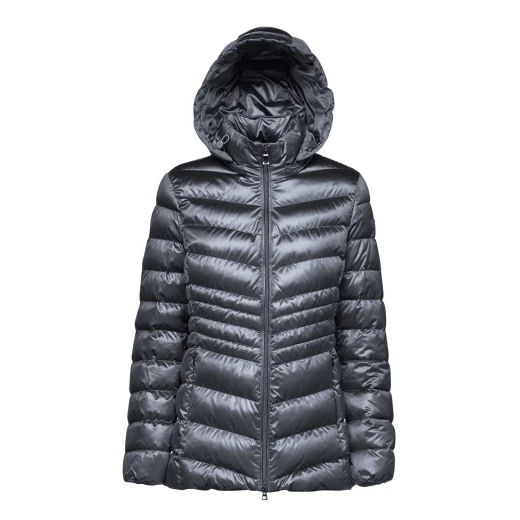 Geox ZOSMA Woman's Winter Jacket with Detachable Hood Sky Captain Color 40 Size Shiny Satin Fabric Recycled EcologicWARM Wadding Casual Refined Style Fast Delivery Easy Exchange