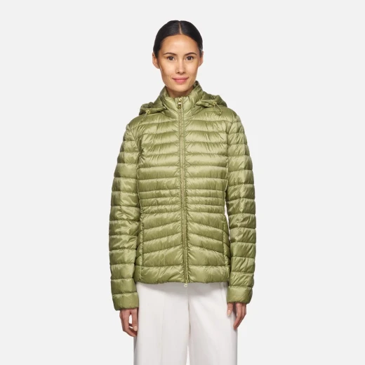 JAYSEN Woman's Lightweight Down Jacket with Removable Hood Sage Green Color, Windproof and Water Repellent 20 Denier Nylon, Size 38 for Transseasonal Wear - Geox - Image 9