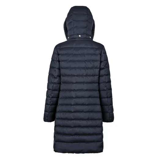 Bettanie Women's Longline Down Jacket Sky Captain Color 42 Size Winter Warm Coat with Satin Fabric, Sustainable Padding, and Fur Trim Hood for Elegant City Wear - Image 9