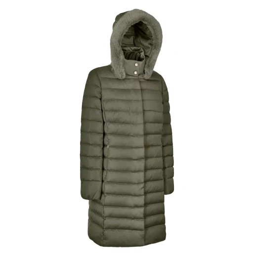 Bettanie Women's Longline Down Jacket Grape Leaf Size 38 Satin Winter Coat with Sustainable Padding and Fur Trim Hood Elegant City Style for Winter Days - Image 3