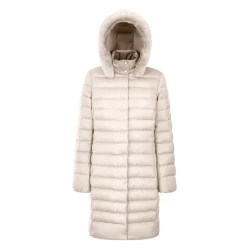 Bettanie Women's Longline Down Jacket Mid Moonbeam 50, Sustainable Padding, Fur Trim