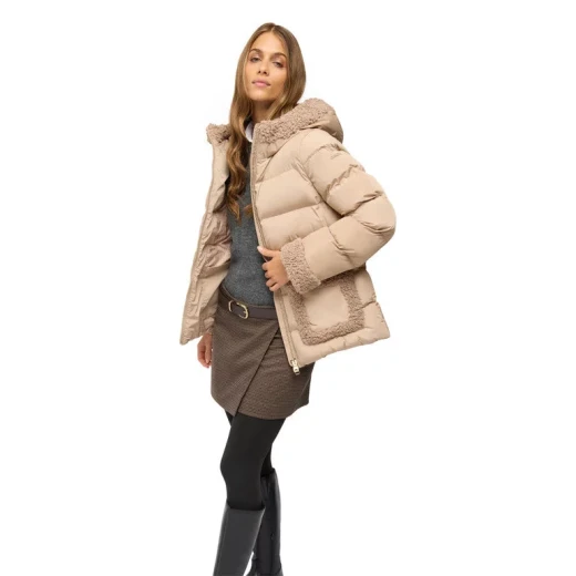 VILDE Jacket Woman Natural 40 Recycled Polyester Parka with Curly Teddy Fur Detailing Water Repellent Wind Blocking Winter Outerwear Sustainable Lining and Padding for Women - Geox - Image 6