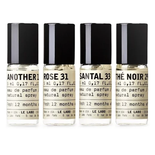 Le Labo Discovery Set 4 Signature Unisex Fragrances 5ml each travel size, luxury sample collection perfect for testing and discovering new favorite scents, elegant set ideal for travel and fragrance exploration lovers