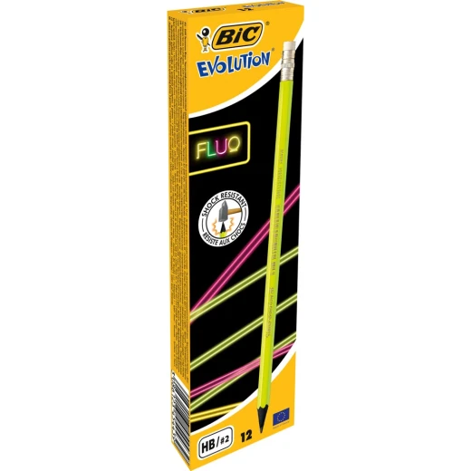 أقلام رصاص Bic Evolution Fluo HB سداسية الشكل 12 قطعة أقلام ملونة متعددة الاستخدامات للمدرسة والمكتب أقلام جرافيت متينة ومقاومة للكسر في علبة مجموعة مريحة - بي اي سي - Image 3