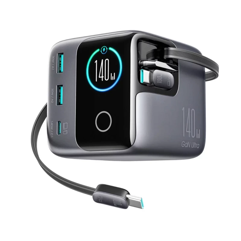 شاحن جوي روم بوديكس 140 واط بتقنية GaN، كابلات USB-C مزدوجة قابلة للسحب، أسود - جوي روم
