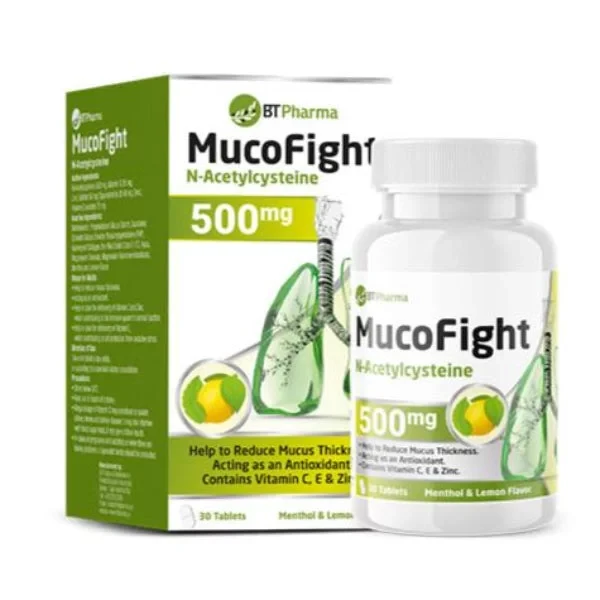 أقراص BT Pharma Mucofight 500 مجم أسيتيل سيستين لدعم الجهاز التنفسي 30 قرص - بي تي فارما