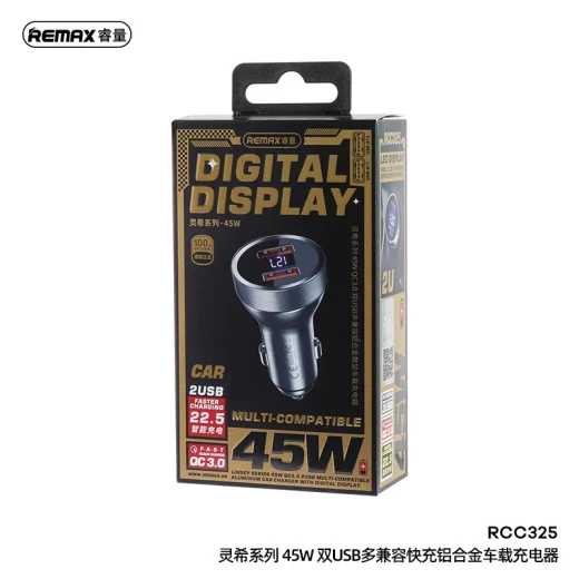 ريماكس لينسي سيريز 45 واط QC3.0 2USB شاحن سيارة ألومنيوم RCC325 ريماكس لينسي سيريز 45 واط QC3.0 2USB شاحن سيارة ألومنيوم RCC325