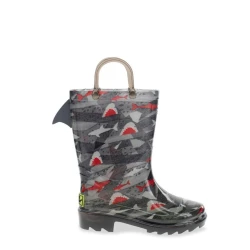 بوت مطر للأطفال من ويسترن شيف بتصميم قرش مضيء من بي في سي أسود مقاوم للماء ومتين للعب في الهواء الطلق مقاس 13