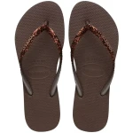 شبشب Havaianas Slim Glitter II نسائي باللون البني الداكن، مقاس 37/38، تصميم نحيف بأشرطة لامعة، مصنوع من المطاط، مقدمة مفتوحة ونعل مسطح، خفيف ومريح - هافياناس