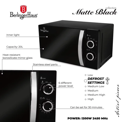 Berlinger Haus Matte Black 20L Microwave Oven Stainless Steel Interior - Image 3