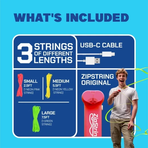 ZipString الأصلي – لعبة خيط طائر مبتكرة مع أكثر من 100 خدعة، مناسبة للأطفال والبالغين، للعب الداخلي والخارجي، تعزز الإبداع وتعلم مبادئ الحركة والفيزياء، تشمل 3 خيوط بمستويات صعوبة مختلفة، قابلة للشحن عبر USB-C - زيبسترينغ - Image 8