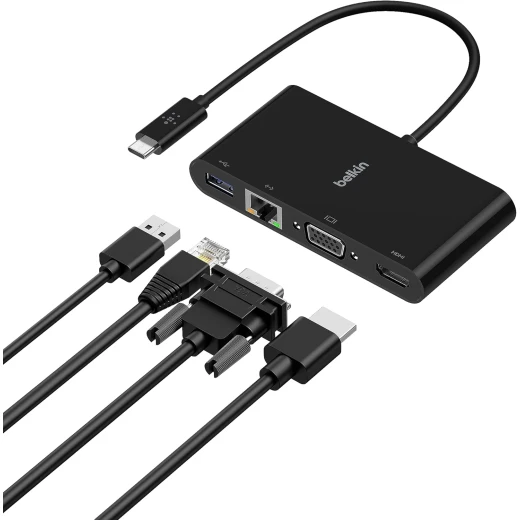 موزع USB-C 4 في 1 من بيلكين، محطة إرساء متعددة المنافذ لأجهزة iPad وiPad Mini وMacBook وMac Mini وMacBook Air وMacBook Pro مع منفذ USB-C Gigabit Ethernet وUSB-A 3.0 وVGA و4K HDMI موزع USB-C 4 في 1 من بيلكين، محطة إرساء متعددة المنافذ لأجهزة iPad وiPad Mini وMacBook وMac Mini وMacBook Air وMacBook Pro مع منفذ USB-C Gigabit Ethernet وUSB-A 3.0 وVGA و4K HDMI