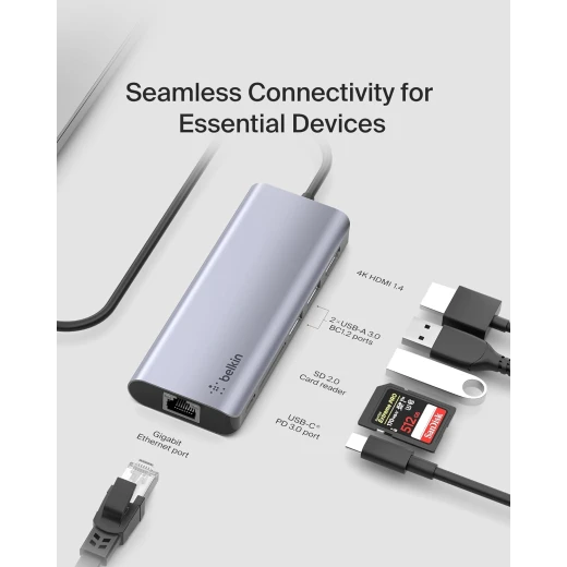 محول بيلكين 6 في 1 USB-C متعدد المنافذ مع HDMI 4K، 100 واط PD، إيثرنت، SD لجهاز MacBook Pro/Air - بيلكين - Image 3