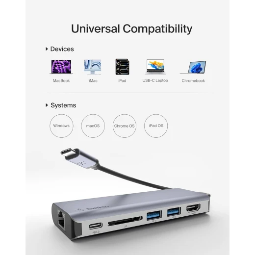 محول بيلكين 6 في 1 USB-C متعدد المنافذ مع HDMI 4K، 100 واط PD، إيثرنت، SD لجهاز MacBook Pro/Air - بيلكين - Image 4
