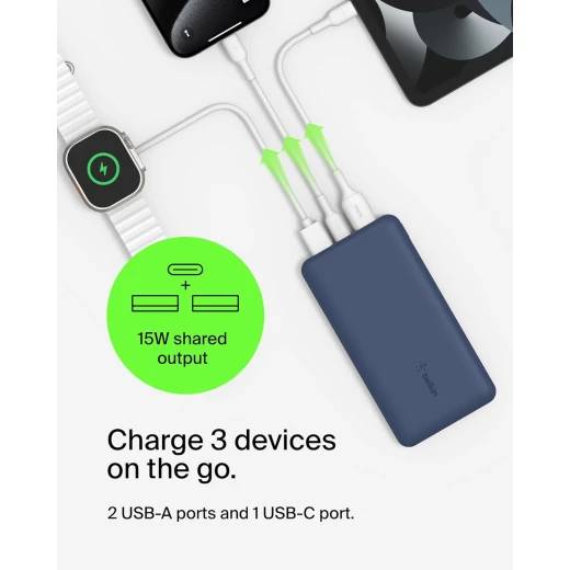 باور بانك بيلكين BoostCharge بسعة 10000 مللي أمبير – 3 منافذ (USB-C 15 واط + منفذين USB-A)، مع كابل USB-A إلى USB-C بطول 15 سم – أزرق - بيلكين - Image 9