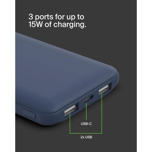 باور بانك بيلكين BoostCharge بسعة 10000 مللي أمبير – 3 منافذ (USB-C 15 واط + منفذين USB-A)، مع كابل USB-A إلى USB-C بطول 15 سم – أزرق - بيلكين - Image 2