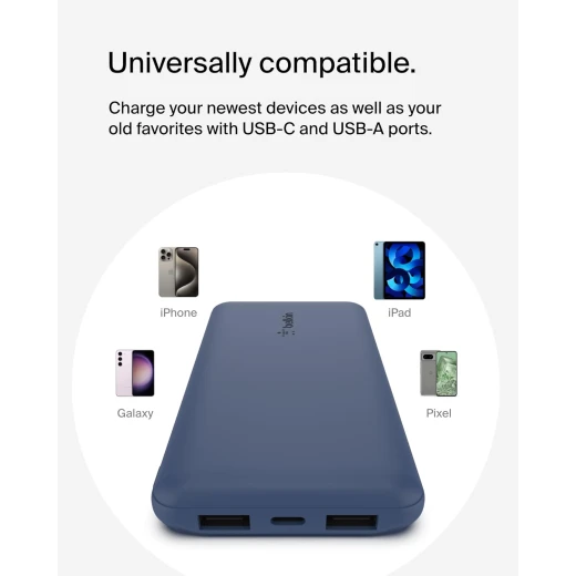 باور بانك بيلكين BoostCharge بسعة 10000 مللي أمبير – 3 منافذ (USB-C 15 واط + منفذين USB-A)، مع كابل USB-A إلى USB-C بطول 15 سم – أزرق - بيلكين - Image 3