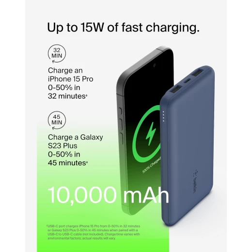 باور بانك بيلكين BoostCharge بسعة 10000 مللي أمبير – 3 منافذ (USB-C 15 واط + منفذين USB-A)، مع كابل USB-A إلى USB-C بطول 15 سم – أزرق - بيلكين - Image 5