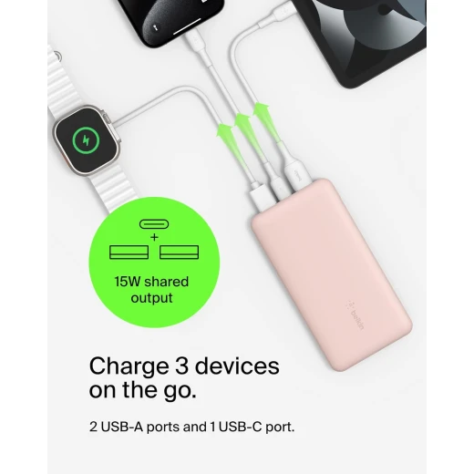 باور بانك بيلكين BoostCharge بسعة 10000 مللي أمبير – 3 منافذ (منفذ USB-C بقدرة 15 واط + منفذين USB-A)، يشمل كابل USB-A إلى USB-C بطول 15 سم – لون وردي - بيلكين - Image 9