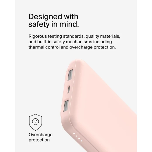 باور بانك بيلكين BoostCharge بسعة 10000 مللي أمبير – 3 منافذ (منفذ USB-C بقدرة 15 واط + منفذين USB-A)، يشمل كابل USB-A إلى USB-C بطول 15 سم – لون وردي - بيلكين - Image 3