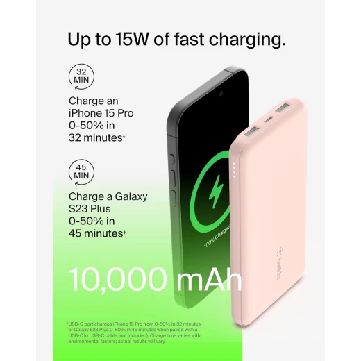 باور بانك بيلكين BoostCharge بسعة 10000 مللي أمبير – 3 منافذ (منفذ USB-C بقدرة 15 واط + منفذين USB-A)، يشمل كابل USB-A إلى USB-C بطول 15 سم – لون وردي - بيلكين - Image 4