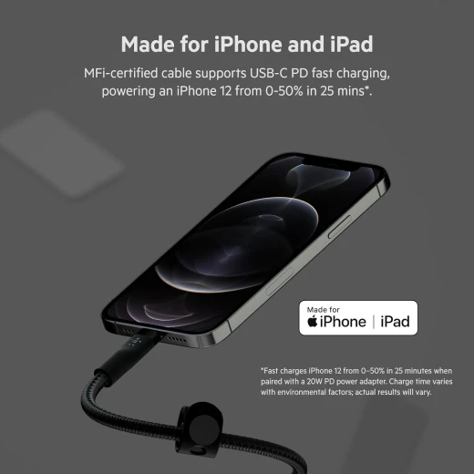 كابل بلكين بوست تشارج برو فليكس مضفّر من السيليكون – USB-C إلى لايتنينغ، بطول 3 أمتار، أسود - بيلكين - Image 4