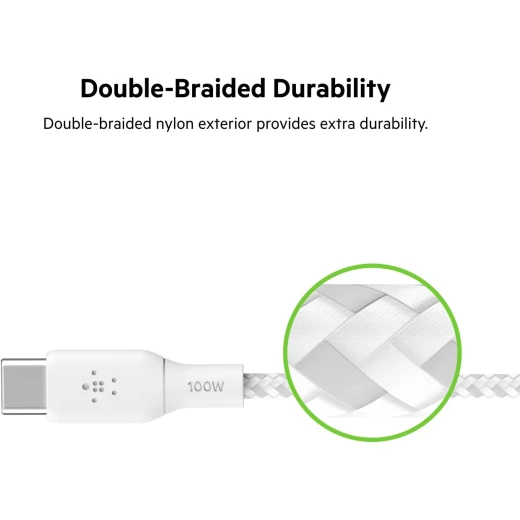 كابل بلكين USB-C إلى USB-C بطول 6.6 قدم، 100 واط، أبيض، سلك شاحن مضفر لأجهزة iPhone و Galaxy و iPad والمزيد - بيلكين - Image 2